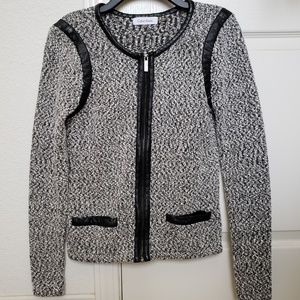 Calvin Klein white/black leather trim zip sweater
